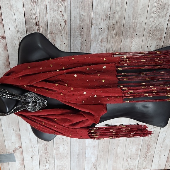 Fashion Scarf, Red with gold hardware and fringes, 70" long. - Picture 2 of 6